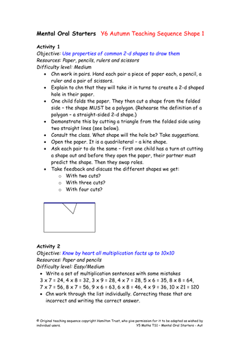 Mental Oral Starters :Y6 Aut Sequence S1