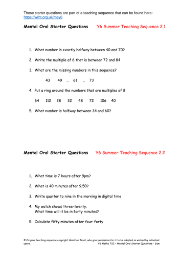 Mental Oral Starter Questions - Year 6