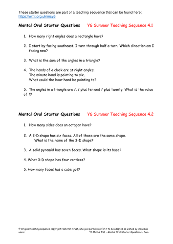 Mental Oral Starter Questions  - Year 6