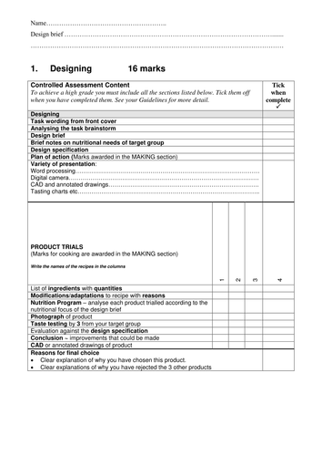 Tick/Mark sheets for Food Tech OCR J302 Unit A523