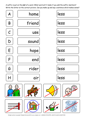 Add Suffix Less To Make Adjectives Widgit Illus Teaching Resources