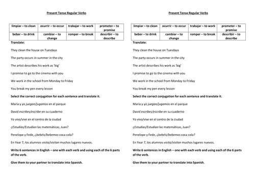 present tense regular verbs teaching resources