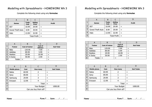 Homework sheet - spreadsheet formulae & key words