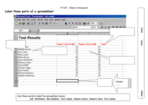 Homework Sheet Label The Spreadsheet Teaching Resources