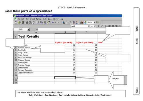 Homework sheet label the spreadsheet Teaching Resources