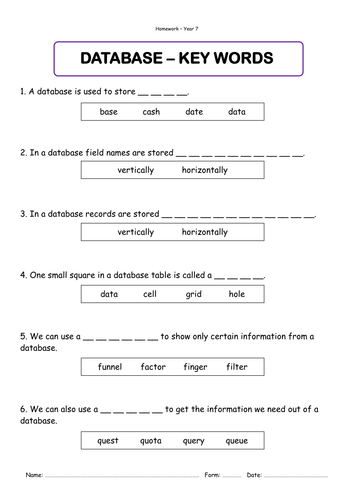 Homework sheet - database key words