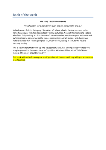 THE TULIP TOUCH  BOOK OF THE WEEK