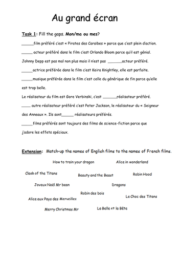 Y9-Fr-au grand écran-Film reviews-possessive adjectives