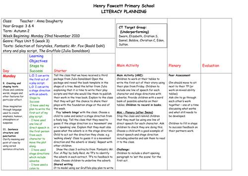 Unit 5 plays planning for year 3/4 - week 3