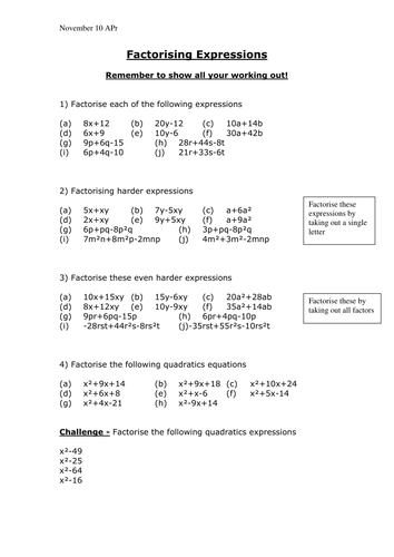 Factorising Expressions and quadratics