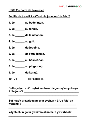 La Santé : Unité 2 - Tu fais de l'exercice? Welsh