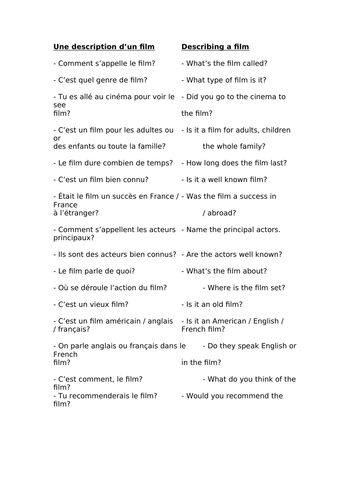 Describing a Film - Qs in French and English