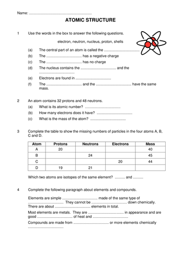 Atomic Structure Worksheet (F) | Teaching Resources