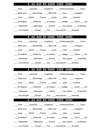 prepositions in French (à, au,aux, chez, dans & en