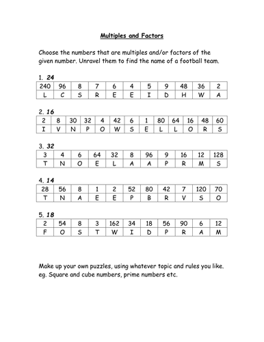 Multiples and Factors Football Teams