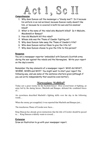 Macbeth: Act 1 Scene 2: Newspaper Task Worksheet | Teaching Resources