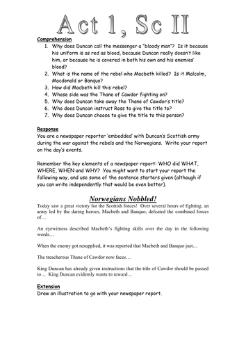 Macbeth: Act 1 Scene 2: Newspaper Task Worksheet Teaching Resources