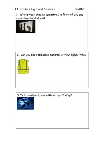 worksheet for light and shadows exploration teaching resources