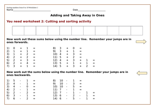 Addition and Subtraction Worksheet Activity - Cut and Paste Sort  Numbers on Number Track