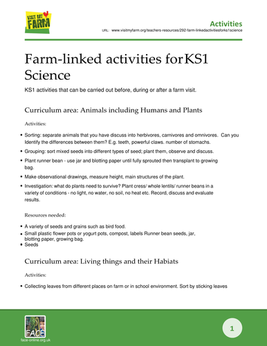 Farm based activities for KS1 Science