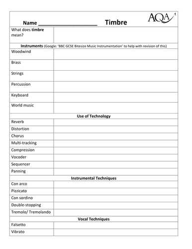 AQA GCSE 'Timbre' Pupil Worksheet