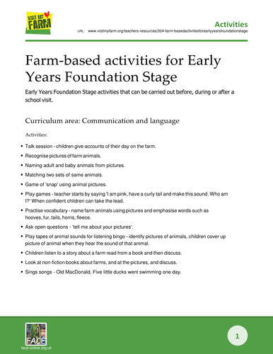 Farm-based activities for Early Years Foundation Stage