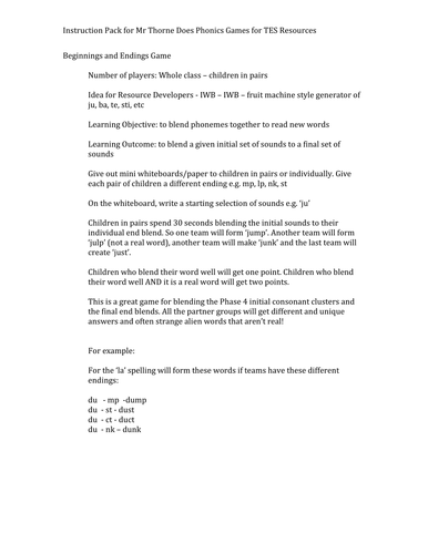 Beginnings and Endings phonics game