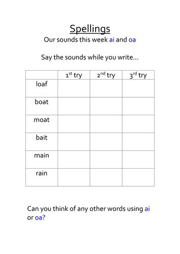 Spelling sheet to link with phonics