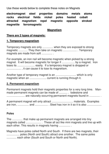 Magnetism Cloze Teaching Resources