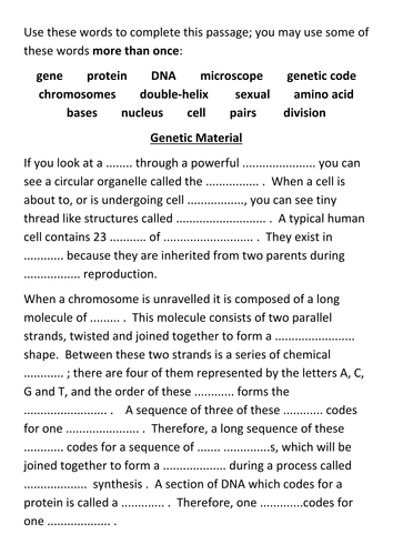 Genetic Material Cloze Teaching Resources