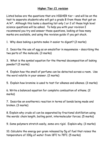 C1 Carbon Chemistry Higher Tier Revision Questions | Teaching Resources