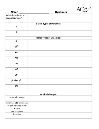 AQA GCSE 'Dynamics' Pupil Worksheet