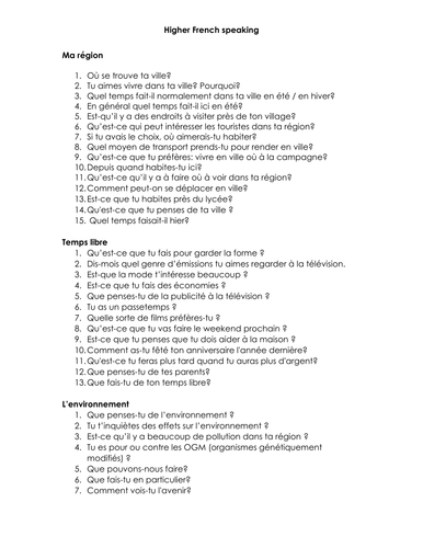 Higher speaking questions