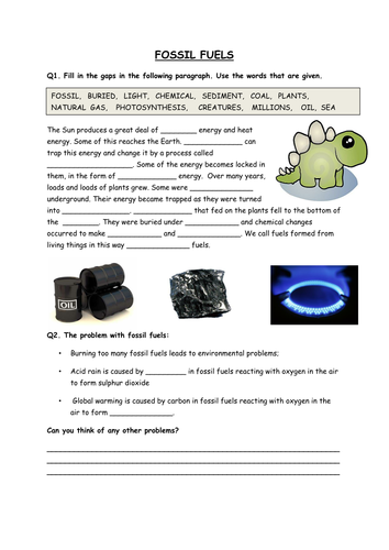 Fossil Fuels Grade 6 Worksheet