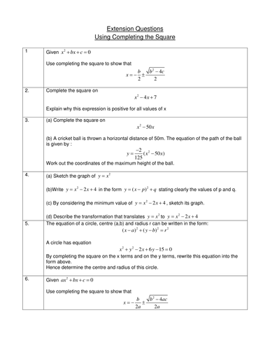 Completing the Square, Extension Questions - GCSE
