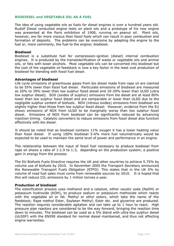Biodiesel and Vegetable Oil as Fuel