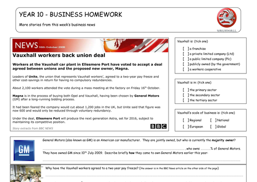 Homework Sheet (Vauxhall Motors)
