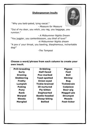 free kindergarten printable log reading by your Create own Insult: Shakespearean Starter