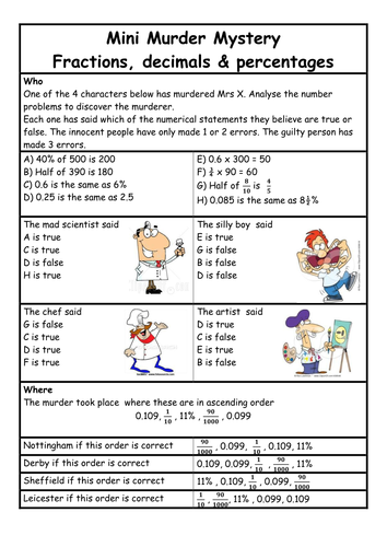 murder mystery fractions decimals percentages teaching resources