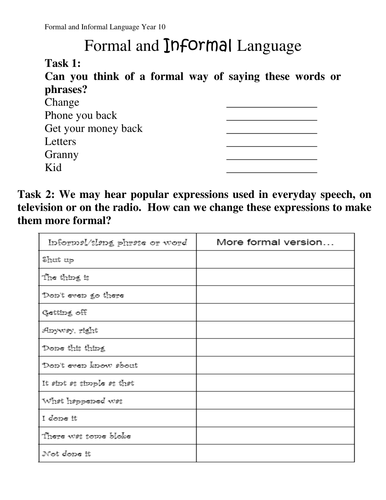 Formal and informal language worksheets