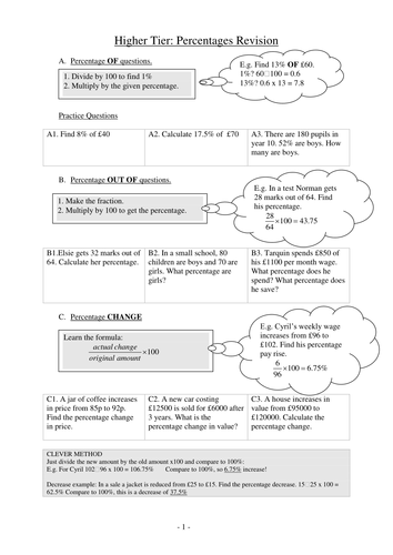 GCSE Percentages - Revision Sheet - Higher by thatsmyboy - Teaching ...