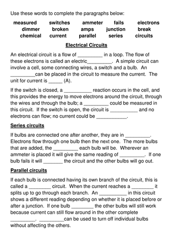 Electrical circuits cloze