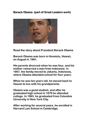 Barack Obama worksheet - including picture | Teaching Resources