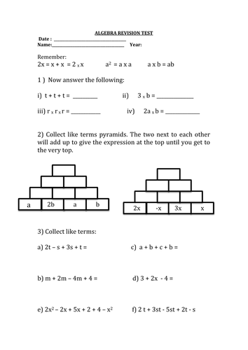 algebra revision test ks3 word document teaching resources