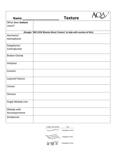 AQA GCSE 'Texture' Pupil Worksheet