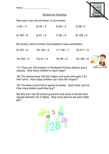 Division Chunking Method Worksheet Teaching Resources