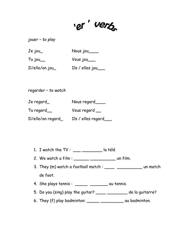 er verbs worksheet and starter teaching resources