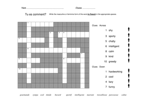 Personality Adjectives Crossword Teaching Resources