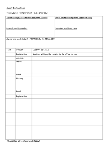 Supply Teachers Instructions Sheet
