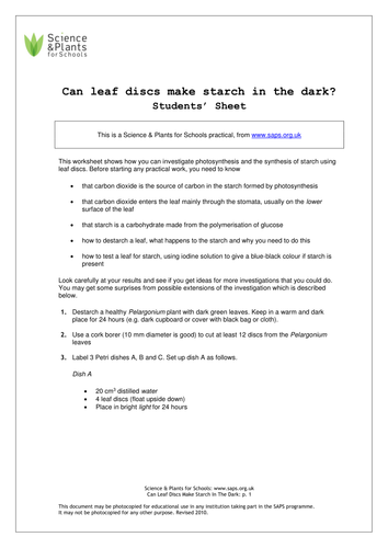 SAPS - Can Leaf Discs Make Starch in the Dark?